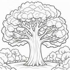 a large tree with lots of leaves on it in the middle of a park coloring page