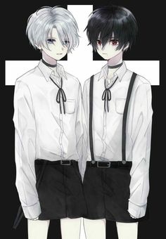 two anime guys wearing suspenders and white shirts with black ties, standing next to each other