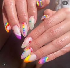 Pride Nail Art Short Nails, Pride Nails Designs Almond Shape, Retro Nail Designs, Nails Acrylic Pride Month, Pride Nail Art, Pride Coffin Nails, Rainbow Pop Art Nails, Rainbow Nails Design, Tie Dye Nails