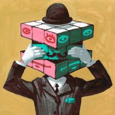 a painting of a man holding two cubes over his head with eyes on them