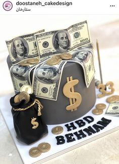 a cake made to look like a purse with money in it