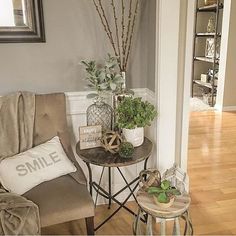 a living room filled with furniture and plants on top of a wooden floor next to a doorway