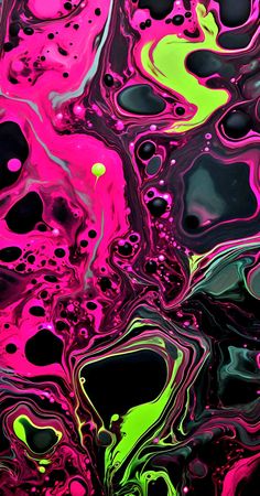 an abstract painting with pink, green and black colors on it's surface is featured in this image