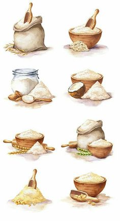 an illustration of different types of bread and flours on a white background with watercolor paints