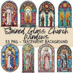 stained glass church windows with the words stained glass church in different colors and sizes on them