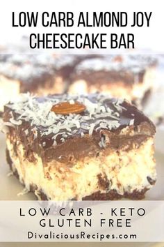 low carb almond joy cheesecake bar on a white plate with text overlay