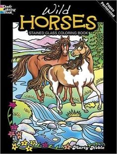 an adult coloring book with horses on the cover and water running through it, in front of