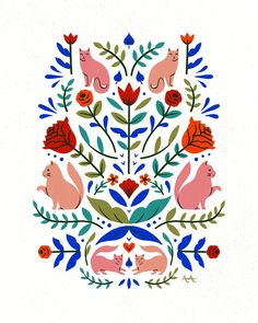 an image of some animals and plants in the middle of a flowery pattern on a white background