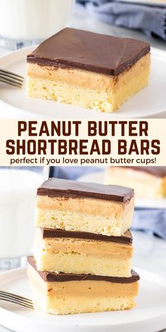 three pieces of peanut butter shortbread bars stacked on top of each other with chocolate frosting