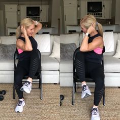 a woman sitting on top of a chair in front of a couch with her hands behind her head