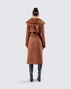 She’s chic or whateva 😚 Made from wool with a faux fur collar, this sophisticated yet sassy brown coat will instantly elevate any look you pair it with 🤎 Brown Long Fur Coat For Work, Elegant Brown Winter Outerwear, Chic Wool Coat With Faux Fur Lining For Winter, Chic Brown Long Pea Coat, Chic Long Brown Pea Coat, Chic Cold Weather Fur Coat With Faux Fur Trim, Chic Brown Fur Coat For Fall, Elegant Brown Outerwear For Cold Weather, Brown Fur Coat With Faux Fur Lining For Work