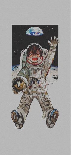 an astronaut is holding his hands up in the air