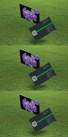 three business cards with purple flowers on them in the middle of some green grass,