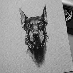 a black and white drawing of a dog's head with collars on it