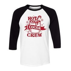 Stay warm and look cool with our Hot Cocoa Crew design! Perfect for a cozy night in, our design is sure to knock your socks off! Hot Cocoa Crew Three-Quarter Raglan Sleeve Baseball Shirt Unisex Small White/Black Hot cocoa chocolate christmas winter drink warm mug candy cane marshmallows. This is a S white/black mens or womens three-quarter raglan sleeve baseball t-shirt (standard unisex fit) sold by TeesAndTankYou Softball Shoes, Winter Drink, Chocolate Christmas, Baseball Gear, Cocoa Chocolate, Baseball Pants, Cozy Night, Baseball Shirt, Crew Neck Shirt