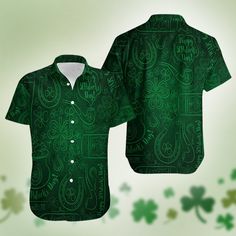 Saint Patrick's Day Doodle Pattern Hawaiian Shirt All of our Hawaiian Shirt   are custom-made-to-order and handcrafted to the highest quality standards. Each shirt is constructed from a premium polyester blend that is ultra-soft and incredibly comfortable. This shirt has some great features, four-way stretch, short sleeve, lapel collar, button closure. Extremely soft to the touch, durable and breathable. Features a specialty high definition heat-dye application that ensures long lasting color vi Green Short Sleeve Shirt With Sublimation Print, Casual Fitted Printed Sublimation Design, Green Fitted Shirt With Sublimation Print, Fitted Green Shirt With Sublimation Print, Fitted Green Top With Custom Print, Casual Green Printed Sublimation Design, Green Fitted Printed Shirt, Fitted Green Printed Shirt, Green Short Sleeve Shirt With All Over Print