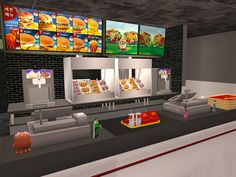 an animated rendering of a fast food restaurant with menus on the wall and counter