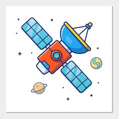 an orange and blue satellite is flying through the sky with planets around it on a light blue background