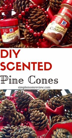 pine cones are wrapped in red ribbon and placed on top of each other, with the words diy scented pine cones