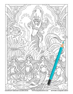 an adult coloring book with mermaids and waves