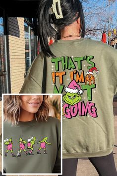 Make a humorous statement this festive season with this 'That's It, I'm Not Going' Grinch Christmas unisex fleece sweatshirt. This cozy sweatshirt captures the holiday mood for those who prefer to keep things low-key. Featuring the beloved Grinch character in bold colors, this design is perfect for holiday enthusiasts with a side of sass. The 50% cotton and 50% polyester fabric blend ensures a comfortable and warm fit, suitable for all genders. Crafted with care in Nicaragua, the high-quality gr Funny Winter Sweatshirt With Letter Print, Funny Graphic Print Sweatshirt For Winter, Funny Print Sweatshirt For Winter, Christmas Sweatshirt With Letter Print In Relaxed Fit, Christmas Sweatshirt With Letter Print And Relaxed Fit, Funny Print Winter Sweatshirt, Green Text Print Sweatshirt For Winter, Christmas Sweatshirt With Letter Print, Christmas Graphic Print Sweatshirt For Loungewear