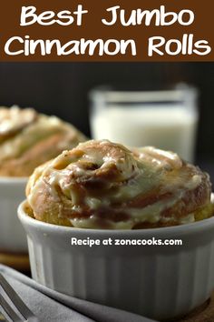 the best jumbo cinnamon rolls recipe is in a white dish with a fork next to it