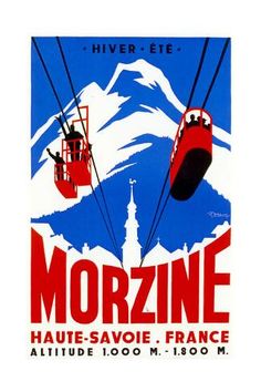 an old poster advertising a ski resort in the french alps, featuring two people on lift lifts