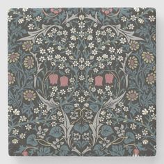 an intricately designed wallpaper with flowers and birds on the side, in grey