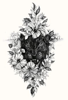 a black and white drawing of a tiger's head with flowers around its neck