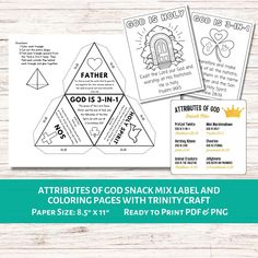 printable bookmarks for kids to color with the text, attributes of god's snack mix label and coloring pages with trinity craft paper