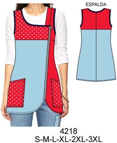 a women's apron with pockets and polka dots on the front, in blue and red