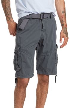 Ideal for everyday wear, these belted cotton cargo shorts deliver casual style with functional utility. 11" rise, 11" inseam (size 32) Belted waist Zip fly with button closure Front slant pockets Back button flap pockets Leg cargo pockets Woven construction Drawstring tie hems 100% cotton Machine wash cold, tumble dry low Imported Model stats: 6'1" height, 32" waist. Model is wearing size 32. Cargo Shorts, Nordstrom Rack, Casual Style, Everyday Wear, Nordstrom, How To Wear