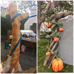 two pictures side by side, one with tape and the other has fake pumpkins on it