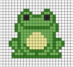 A pixel art template of a yellow chest, green frog. Small Frog Pixel Art, Pixel Art Pattern Frog, Frog Grid Pattern, Peeler Bead Animals, Pixel Art Frogs, Cute Frog Pixel Art, Pixel Art Cute Animals, Hedgehog Pixel Art, Pixel Art Cute Kawaii