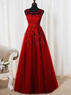 Neckline: ScoopSilhouette: A-Line/PrincessBuilt-in Bra: YesSleeve: SleevelessWaist: NaturalBack Style: OtherHemline/Train: Floor-Length Uk Prom Dresses, Red Ball Gown, Evening Dresses Uk, Elegant Wine, Red Prom Dresses, Cheap Dress, Evening Party Dresses, Dress Embroidery, Red Ball