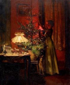 a painting of a woman decorating a christmas tree