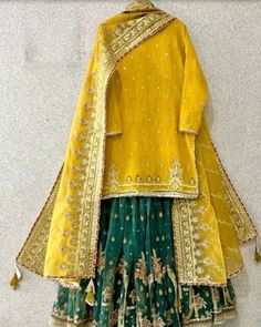 For Order inbox us Mehndi Lehenga Designs, Yellow Garara Suit For Haldi, Manje Outfits, Mehndi Dress Ideas, Dress For Mehndi, Haldi Bridal Outfit, Dholki Outfit, Mehndi Lehnga, Mehndi Outfit Ideas