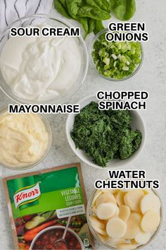 the ingredients to make this dish include cream, sour cream, mayonnaise, and water chestnuts