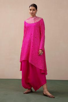 Buy Pink Silk Printed Bandhani High Neck Kurta And Dhoti Pant Set For Women by Pink City Online at Aza Fashions. Rani Pink, Dhoti Pants, Pink City, Silk Kurta, Kurti Designs Party Wear, Kurta Designs Women