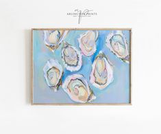 an oil painting of oysters on a white wall with blue and pink colors in the background