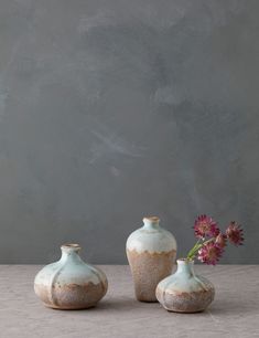 three vases with flowers in them sitting on a table next to a gray wall