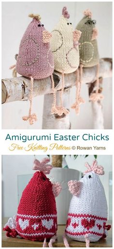 three knitted birds sitting on top of a tree branch with the words amigurm easter chicks above them