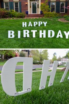 two photos with the words happy birthday and an image of a house in the grass