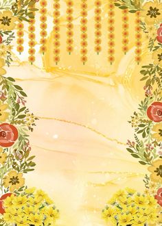 a yellow background with red and yellow flowers