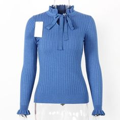 lace up knitted sweater long sleeve sweater Trendy Stretch Knit Top For Winter, Elegant Blue Ribbed Sweater, Stretch Blue Knit Top For Winter, Trendy Winter Fine Knit Top, Trendy Fine Knit Winter Top, Spring Ribbed Sweater, Stretch Textured Knit Top For Winter, Winter Stretch Knit Tops, Elegant Winter Knitted Tops