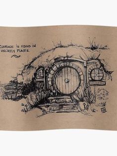 an ink drawing of a hobbot house in the middle of nowhere, with words written on it