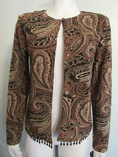 Metaphor Metaphor, Dress Cardigan, Jacket, Brown/Black/Gold/Taupe, Paisley, Embellished Hem, One Neck Button, NWT, Dangle Beads, Padded Shoulders, Size S Small, NWT, $70.00 RTL Flat Measurements:  Shoulder to shoulder -  18-3/4" Underarm to underarm -  18" Waist -  17-1/4" Length from center back neck seam to hem -  21" Sleeve length from shoulder seam to cuff -  23"   All our items come from a clean, smoke, and pet free home. We provide positive feedback when first received.   All sales are fin Elegant Fitted Outerwear With Paisley Print, Elegant Fitted Paisley Print Outerwear, Long Sleeve Paisley Print Fall Outerwear, Long Sleeve Paisley Print Outerwear For Fall, Paisley Jacket, Turquoise And Brown, Dress Cardigan, Accessory Ideas, Brown Paisley