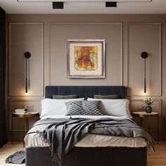 a large bed sitting in the middle of a bedroom next to two tables and lamps