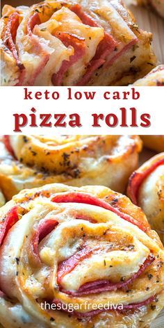 keto low carb pizza rolls on a cutting board with text overlay that says keto low carb pizza rolls