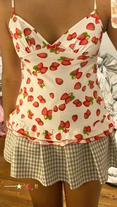 Strawberry Summer Aesthetic, Summer Strawberry Shortcake, Strawberry Themed Clothes, Fruit Clothes Aesthetic, Fruitcore Outfits, Strawberry Outfit Aesthetic, Strawberry Pjs, Strawberry Shortcake Clothing, Strawberry Girl Aesthetic